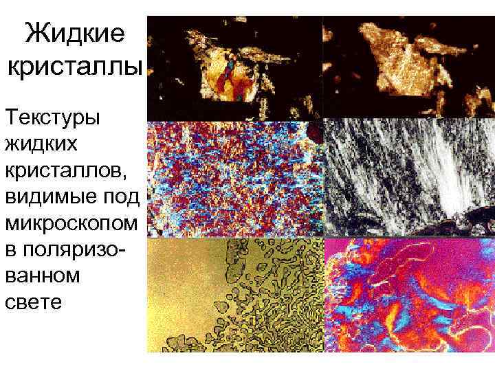 Жидкие кристаллы Текстуры жидких кристаллов, видимые под микроскопом в поляризованном свете 