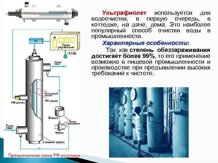 Ультрафиолет используется для водоочистки, в первую очередь, в коттедже, на даче, дома. Это наиболее