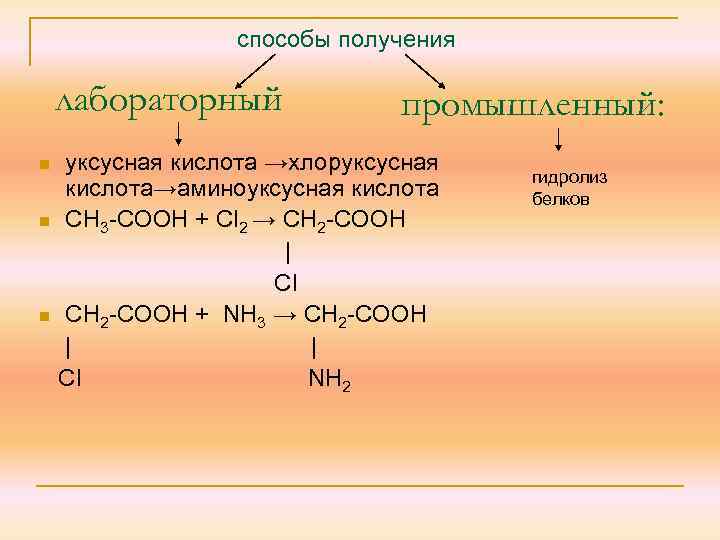 способы получения лабораторный n n n промышленный: уксусная кислота →хлоруксусная кислота→аминоуксусная кислота СН 3