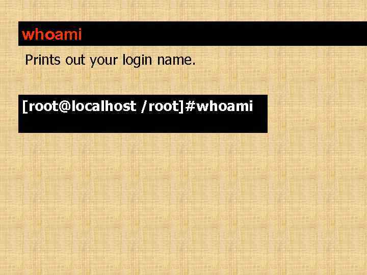 whoami Prints out your login name. [root@localhost /root]#whoami 