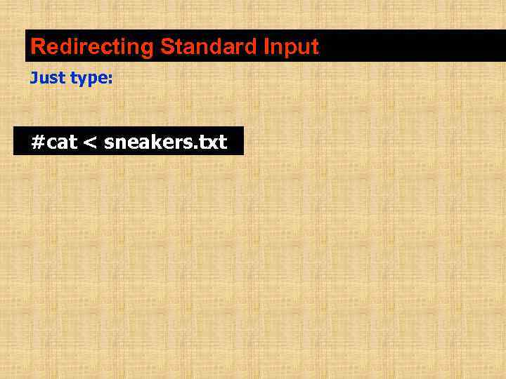 Redirecting Standard Input Just type: #cat < sneakers. txt 