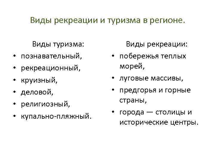 Виды рекреации и туризма в регионе. • • • Виды туризма: познавательный, рекреационный, круизный,