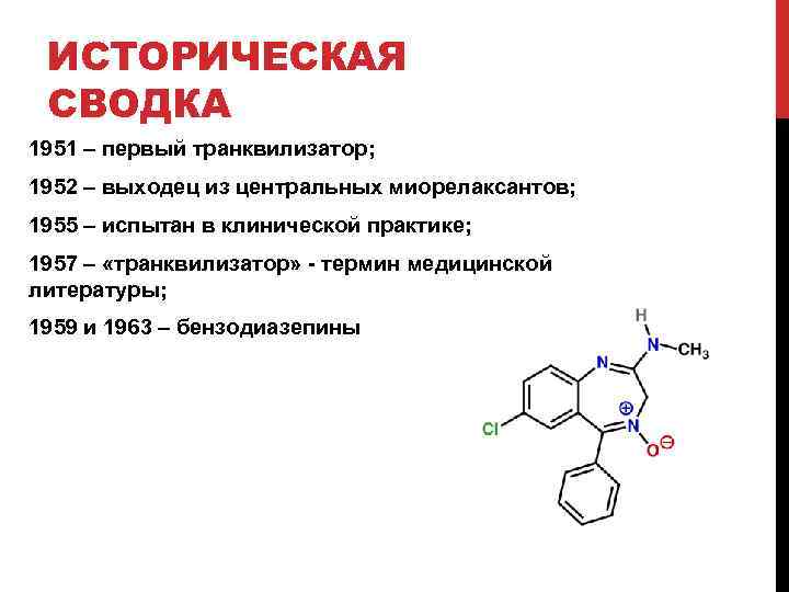 ИСТОРИЧЕСКАЯ СВОДКА 1951 – первый транквилизатор; 1952 – выходец из центральных миорелаксантов; 1955 –