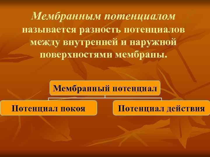 Мембранным потенциалом называется разность потенциалов между внутренней и наружной поверхностями мембраны. Мембранный потенциал Потенциал