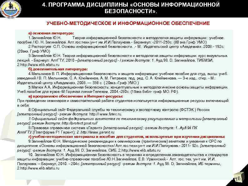 4. ПРОГРАММА ДИСЦИПЛИНЫ «ОСНОВЫ ИНФОРМАЦИОННОЙ БЕЗОПАСНОСТИ» . УЧЕБНО-МЕТОДИЧЕСКОЕ И ИНФОРМАЦИОННОЕ ОБЕСПЕЧЕНИЕ а) основная литература: