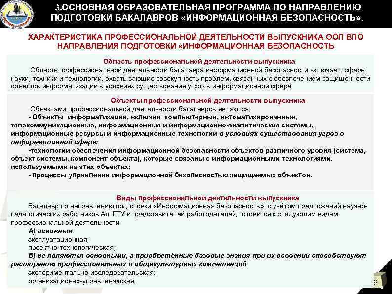 3. ОСНОВНАЯ ОБРАЗОВАТЕЛЬНАЯ ПРОГРАММА ПО НАПРАВЛЕНИЮ ПОДГОТОВКИ БАКАЛАВРОВ «ИНФОРМАЦИОННАЯ БЕЗОПАСНОСТЬ» . ХАРАКТЕРИСТИКА ПРОФЕССИОНАЛЬНОЙ ДЕЯТЕЛЬНОСТИ
