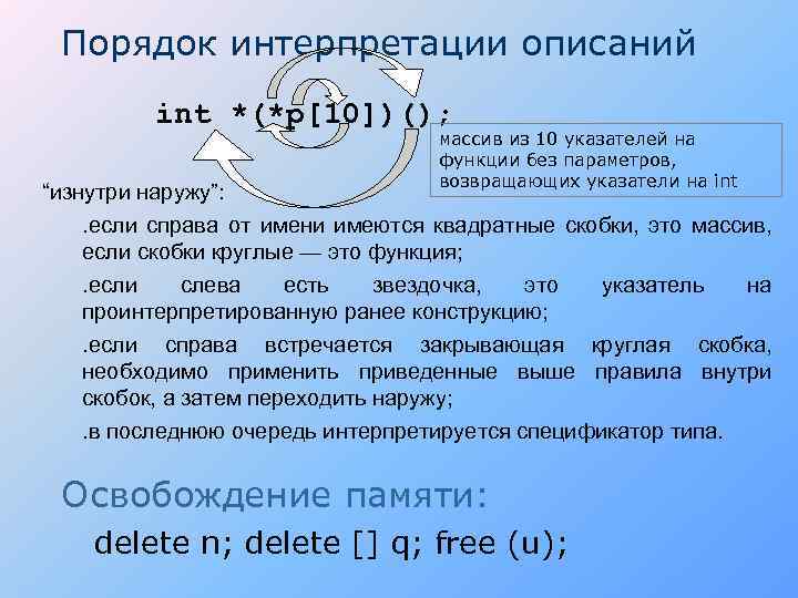 Порядок интерпретации описаний int *(*p[10])(); массив из 10 указателей на функции без параметров, возвращающих