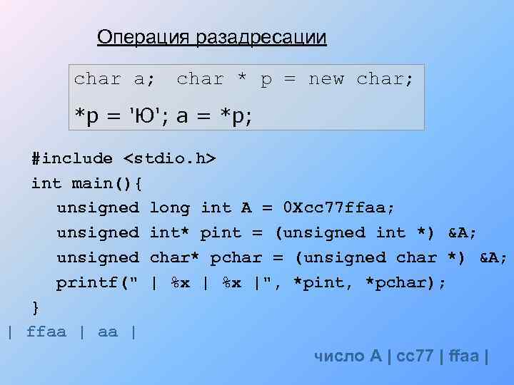 Операция разадресации char a; char * p = new char; *p = 'Ю'; a