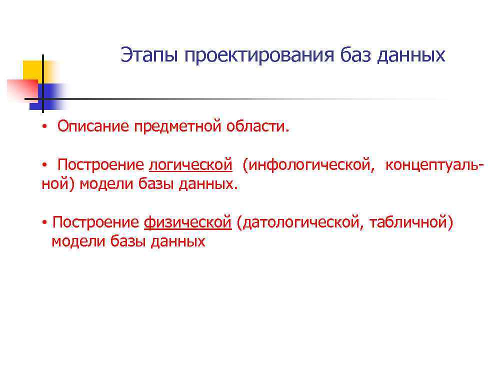 Этапы проектирования баз данных • Описание предметной области. • Построение логической (инфологической, концептуальной) модели