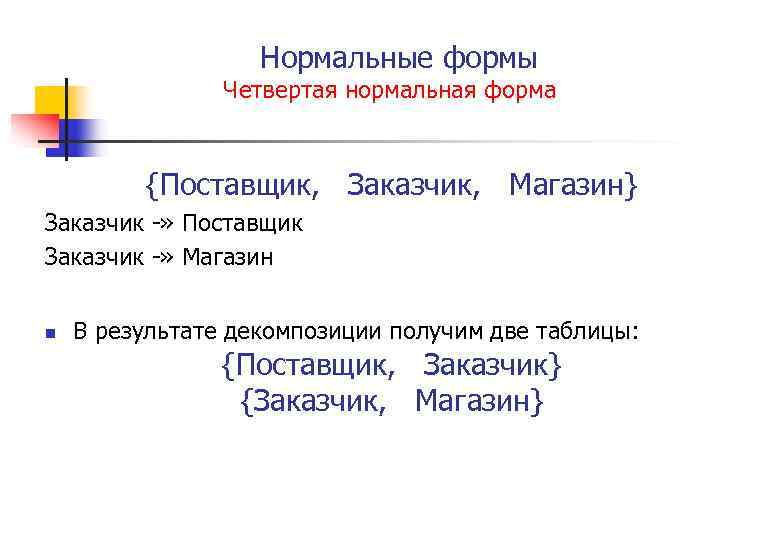 Нормальные формы Четвертая нормальная форма {Поставщик, Заказчик, Магазин} Заказчик » Поставщик Заказчик » Магазин