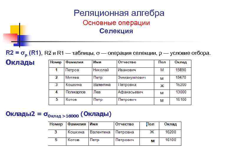 Реляционная алгебра Основные операции Селекция R 2 = σр (R 1), R 2 и