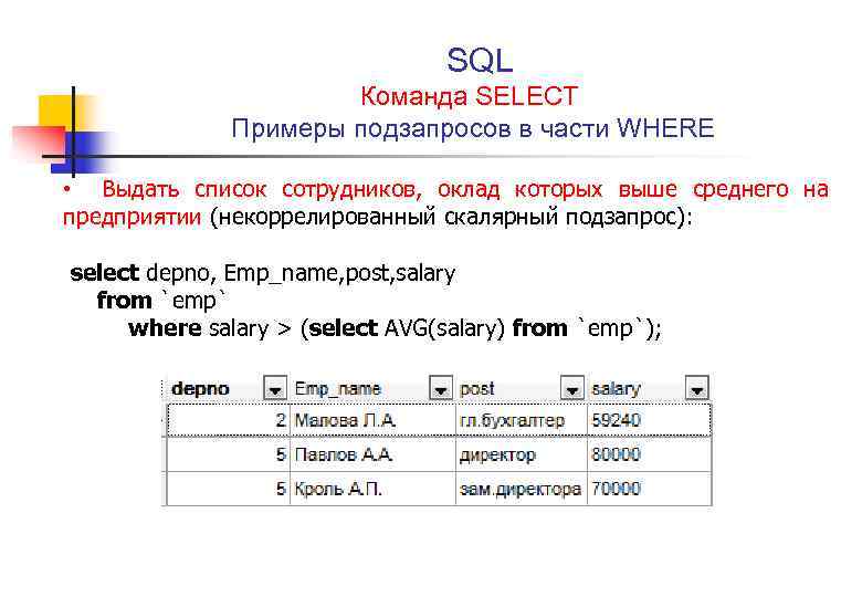 SQL Команда SELECT Примеры подзапросов в части WHERE • Выдать список сотрудников, оклад которых