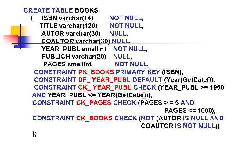 CREATE TABLE BOOKS ( ISBN varchar(14) NOT NULL, TITLE varchar(120) NOT NULL, AUTOR varchar(30)