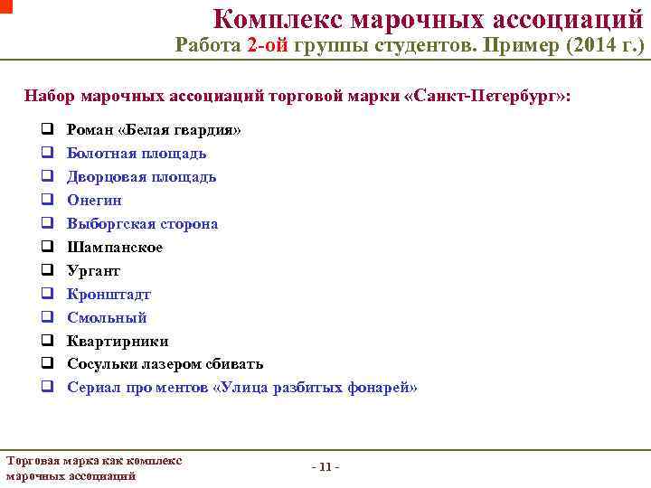 Комплекс марочных ассоциаций Работа 2 -ой группы студентов. Пример (2014 г. ) Набор марочных