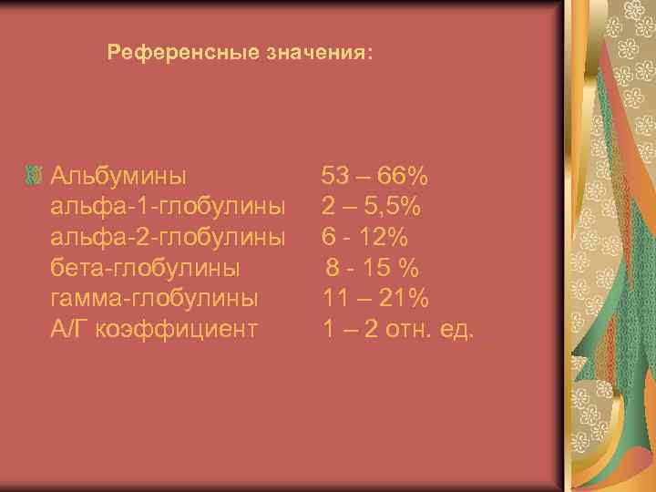 Референсные значения: Альбумины 53 – 66% альфа-1 -глобулины 2 – 5, 5% альфа-2 -глобулины