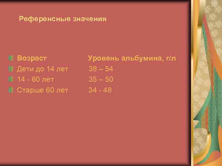 Референсные значения Возраст Уровень альбумина, г/л Дети до 14 лет 38 – 54 14