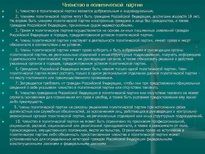 Членство в политической партии n n n n n 1. Членство в политической партии