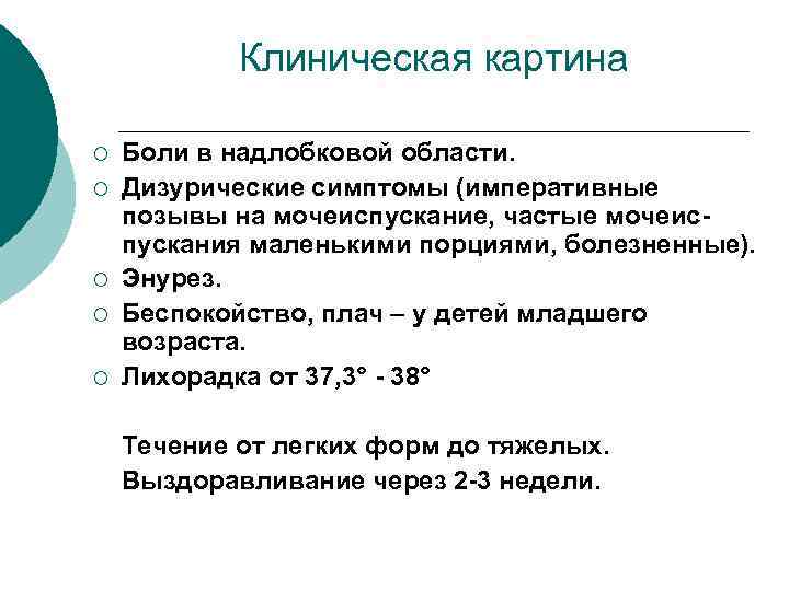 Клиническая картина ¡ ¡ ¡ Боли в надлобковой области. Дизурические симптомы (императивные позывы на
