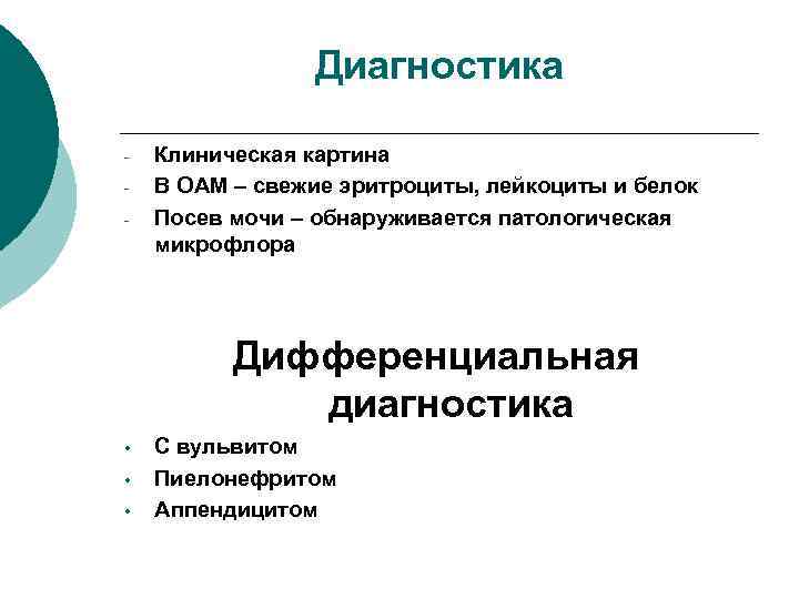 Диагностика - Клиническая картина В ОАМ – свежие эритроциты, лейкоциты и белок Посев мочи