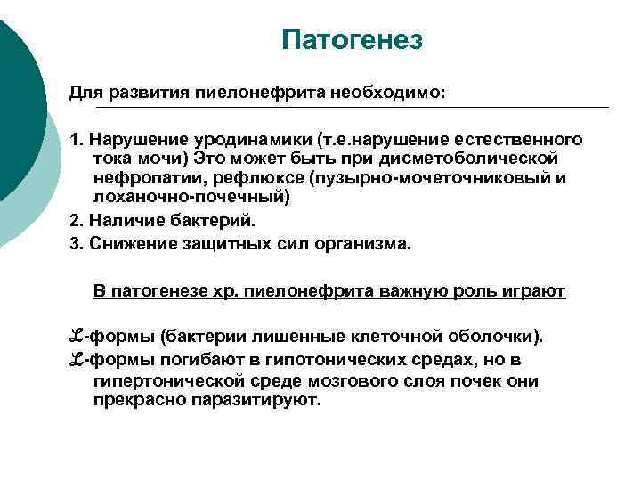 Патогенез Для развития пиелонефрита необходимо: 1. Нарушение уродинамики (т. е. нарушение естественного тока мочи)
