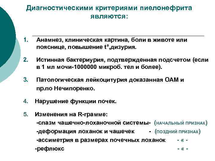Диагностическими критериями пиелонефрита являются: 1. Анамнез, клиническая картина, боли в животе или пояснице, повышение