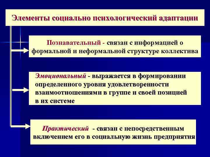 Элементы социально психологический адаптации Познавательный связан с информацией о формальной и неформальной структуре коллектива