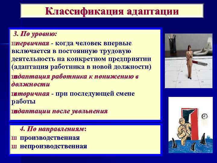 Классификация адаптации 3. По уровню: Шпервичная когда человек впервые первичная включается в постоянную трудовую