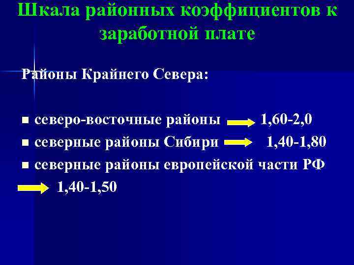 Шкала районных коэффициентов к заработной плате Районы Крайнего Севера: северо-восточные районы 1, 60 -2,