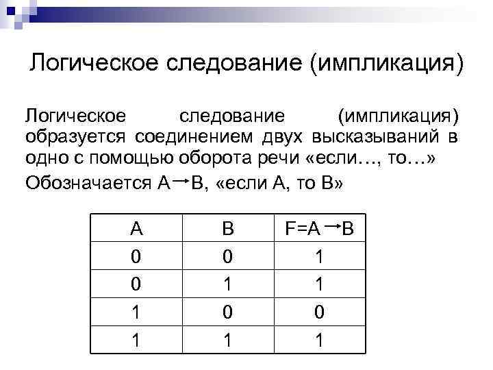 Логическое следование (импликация) образуется соединением двух высказываний в одно с помощью оборота речи «если…,