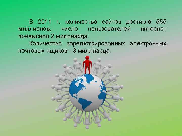 В 2011 г. количество сайтов достигло 555 миллионов, число пользователей интернет превысило 2 миллиарда.