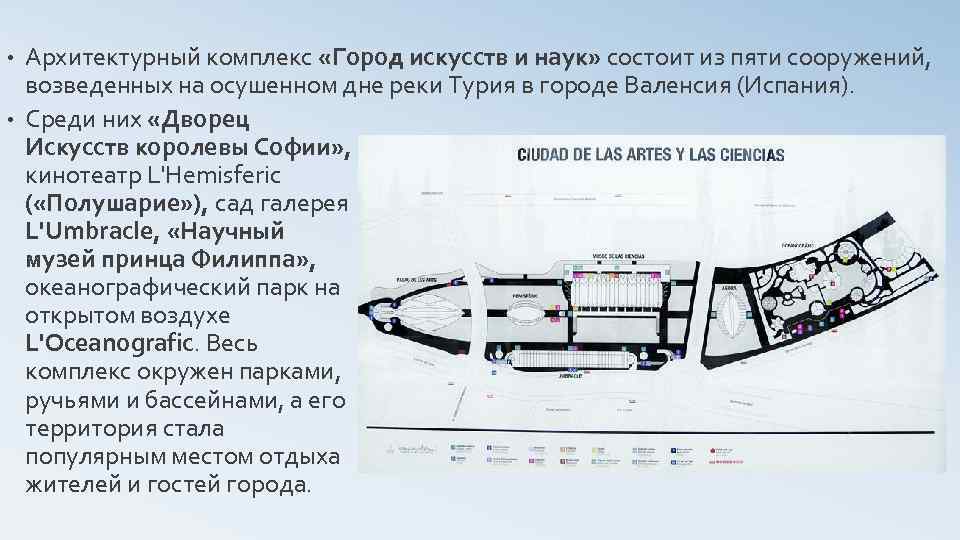 Архитектурный комплекс «Город искусств и наук» состоит из пяти сооружений, возведенных на осушенном дне