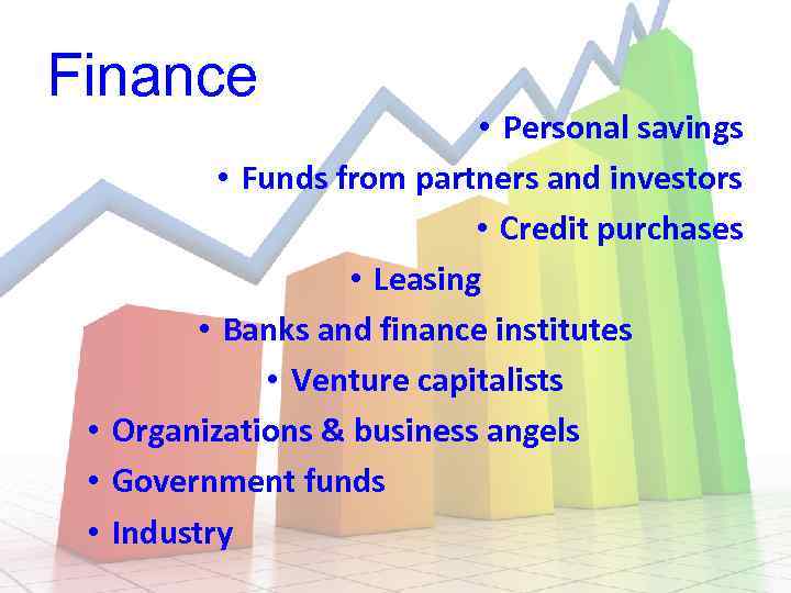 Finance • Personal savings • Funds from partners and investors • Credit purchases •