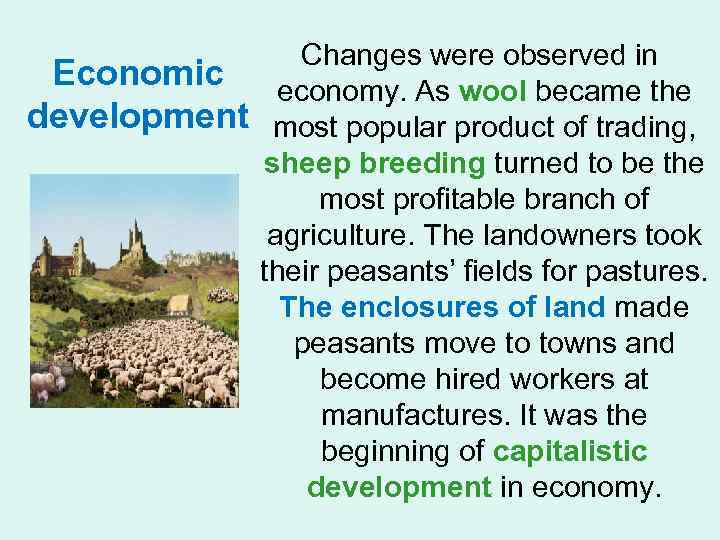 Economic development Changes were observed in economy. As wool became the most popular product