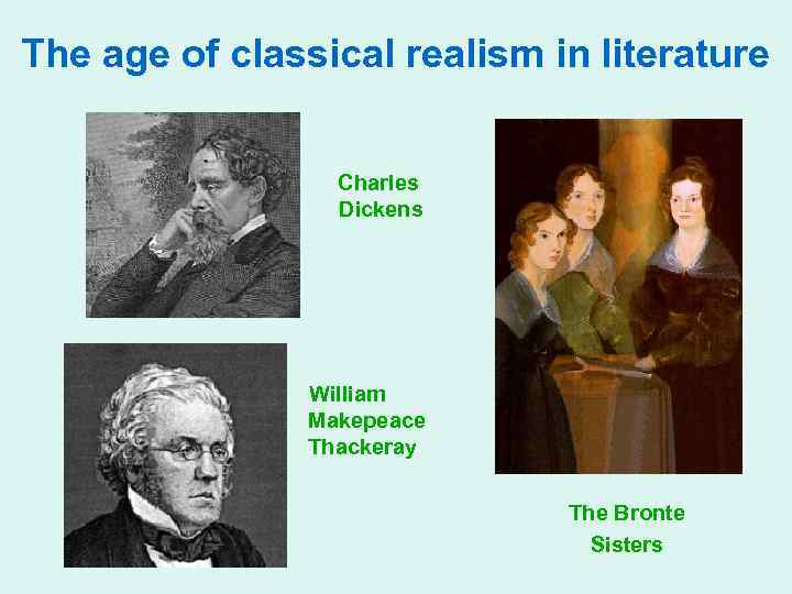 The age of classical realism in literature Charles Dickens William Makepeace Thackeray The Bronte