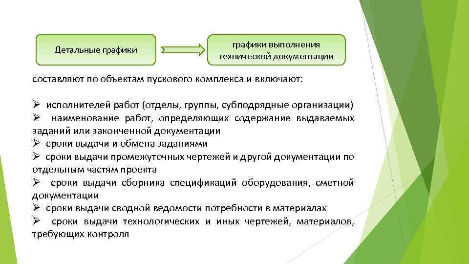 Детальные графики выполнения технической документации составляют по объектам пускового комплекса и включают: Ø исполнителей