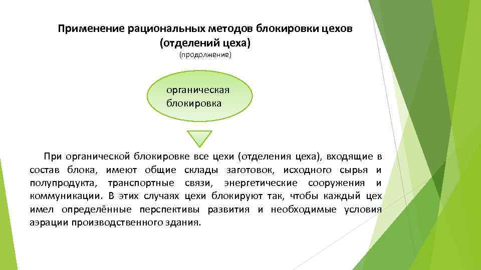 Применение рациональных методов блокировки цехов (отделений цеха) (продолжение) органическая блокировка При органической блокировке все