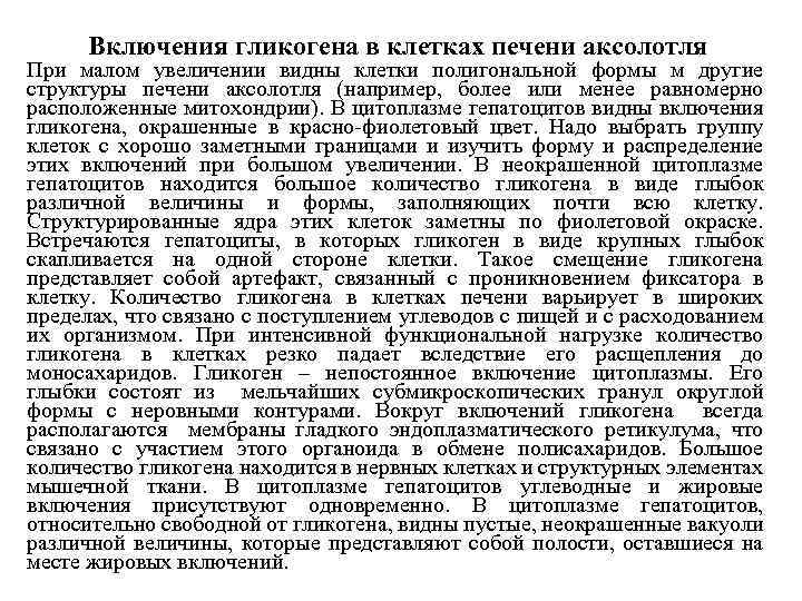 Включения гликогена в клетках печени аксолотля При малом увеличении видны клетки полигональной формы м