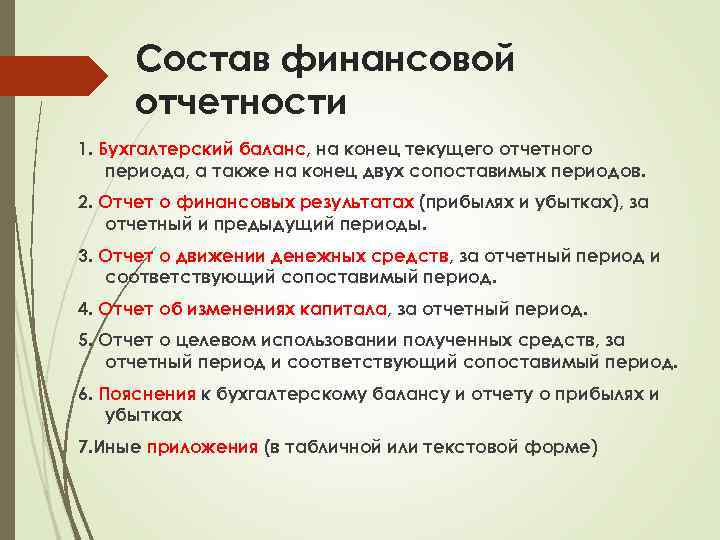 Состав финансовой отчетности 1. Бухгалтерский баланс, на конец текущего отчетного периода, а также на