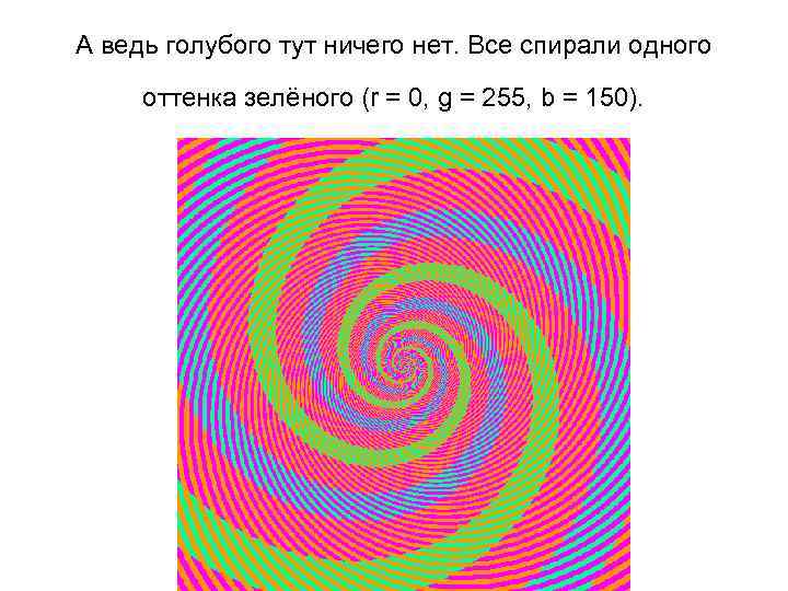А ведь голубого тут ничего нет. Все спирали одного оттенка зелёного (r = 0,