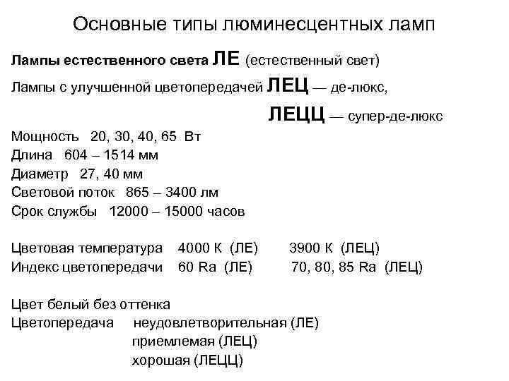Основные типы люминесцентных ламп Лампы естественного света ЛЕ (естественный свет) Лампы с улучшенной цветопередачей