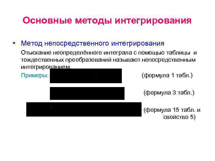 Основные методы интегрирования • Метод непосредственного интегрирования Отыскание неопределённого интеграла с помощью таблицы и