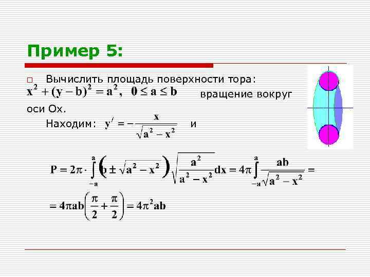 Пример 5: Вычислить площадь поверхности тора: вращение вокруг оси Ох. Находим: и o 