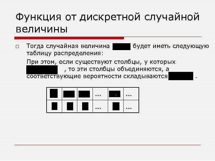 Функция от дискретной случайной величины o Тогда случайная величина будет иметь следующую таблицу распределения: