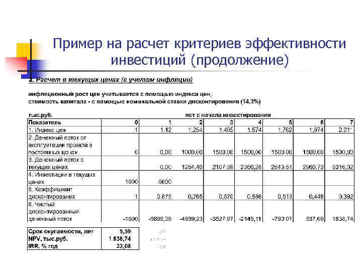 Расчет инвестиционного проекта пример