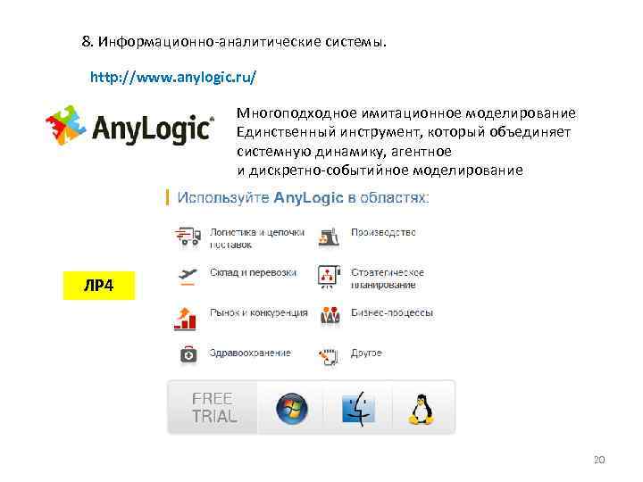 8. Информационно-аналитические системы. http: //www. anylogic. ru/ Многоподходное имитационное моделирование Единственный инструмент, который объединяет