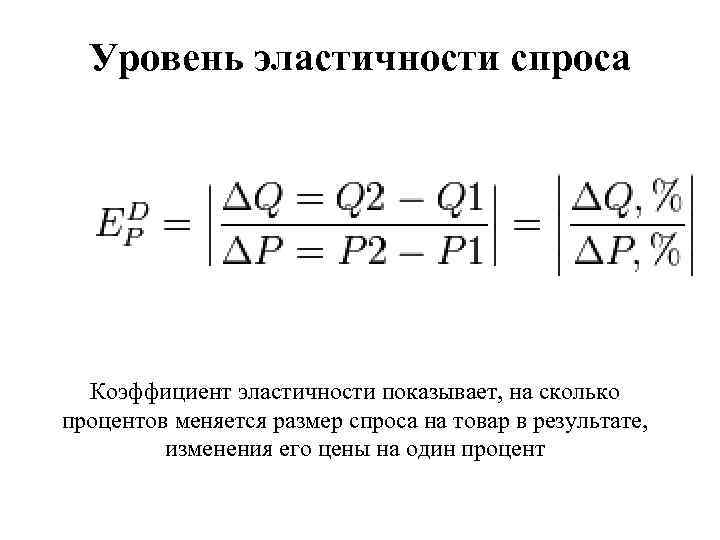 Уровень эластичности спроса Коэффициент эластичности показывает, на сколько процентов меняется размер спроса на товар