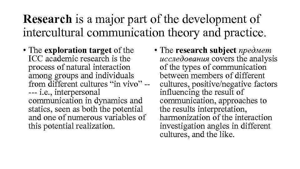 Research is a major part of the development of intercultural communication theory and practice.