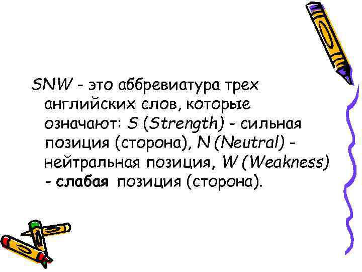 SNW - это аббревиатура трех английских слов, которые означают: S (Strength) - сильная позиция