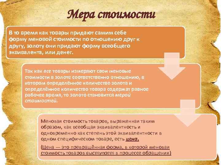 Мера стоимости В то время как товары придают самим себе форму меновой стоимости по