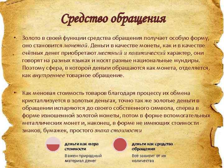 Средство обращения • Золото в своей функции средства обращения получает особую форму, оно становится